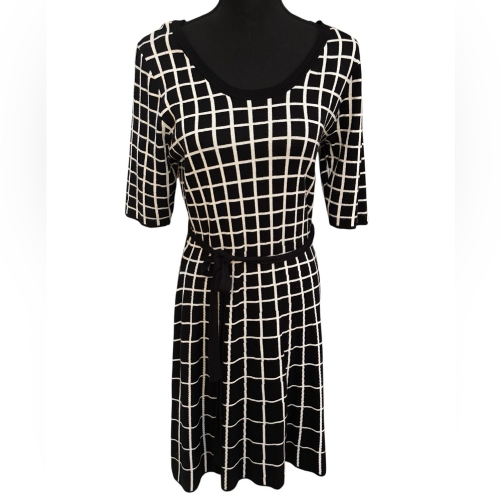 Danny & Nicole Black and White Checkered Sweater Midi Dress Fit & Flare Size L
